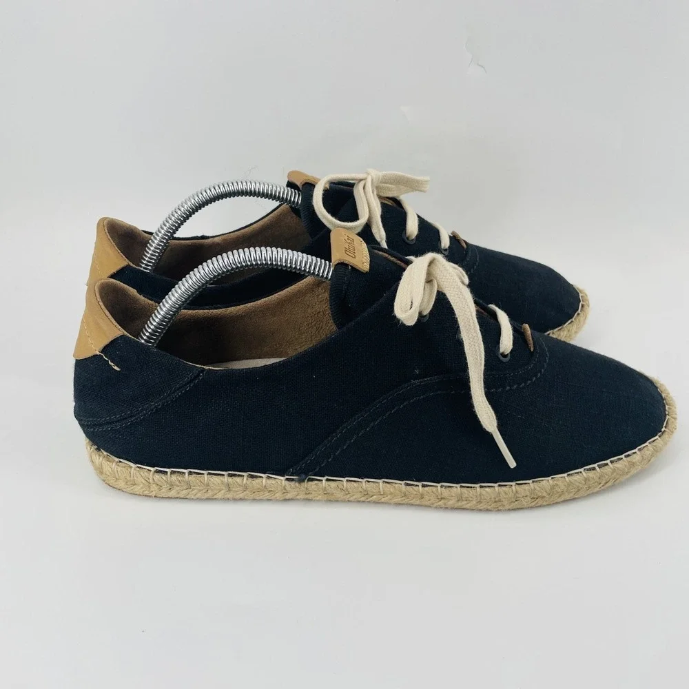Olukai Kaula Pa'a Li Black Espadrille Sneakers Lace Up Shoes Women US 11 EU 41